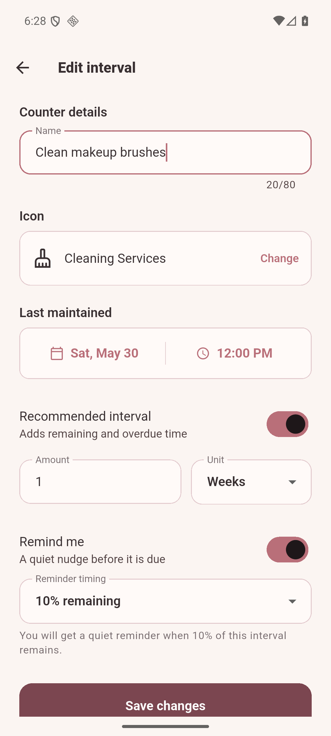 Maintenance Android app in the Beauty Care theme editing a weekly Clean makeup brushes routine