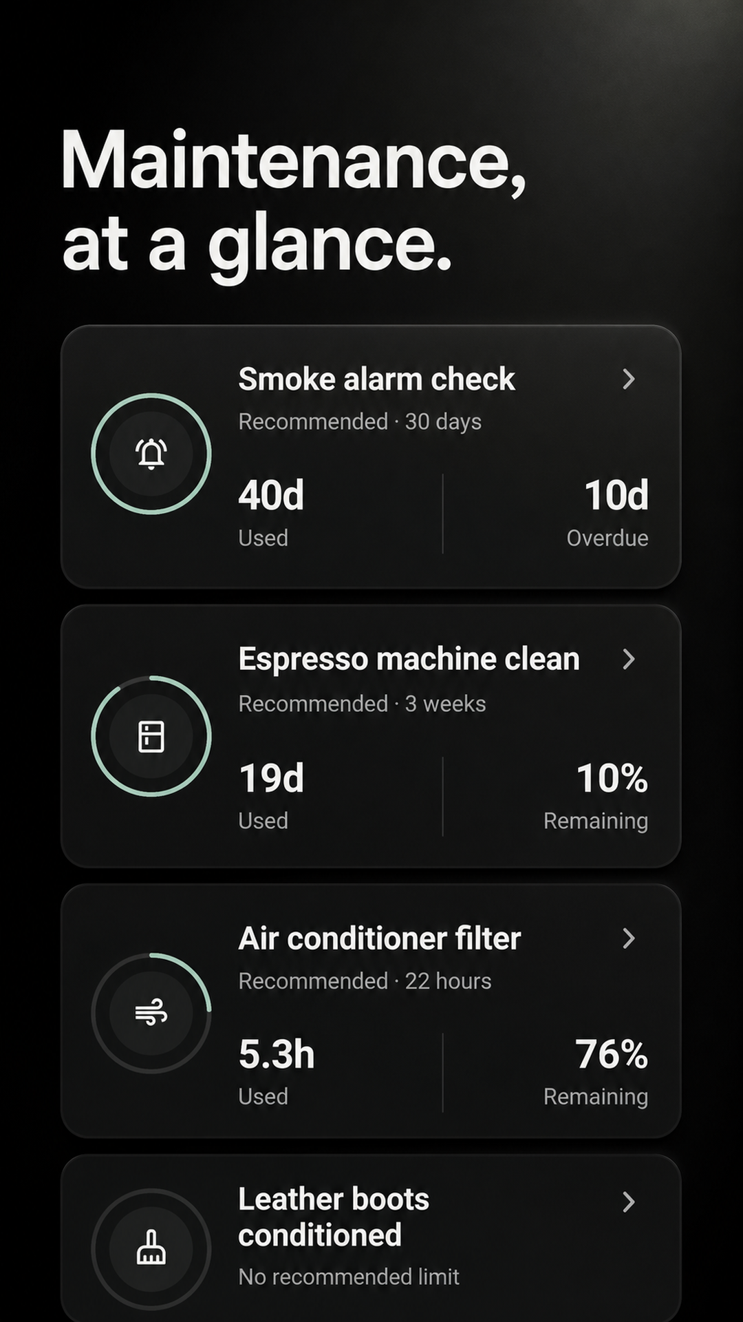 Maintenance app showing smoke alarm, espresso machine, air filter, and leather boot maintenance intervals
