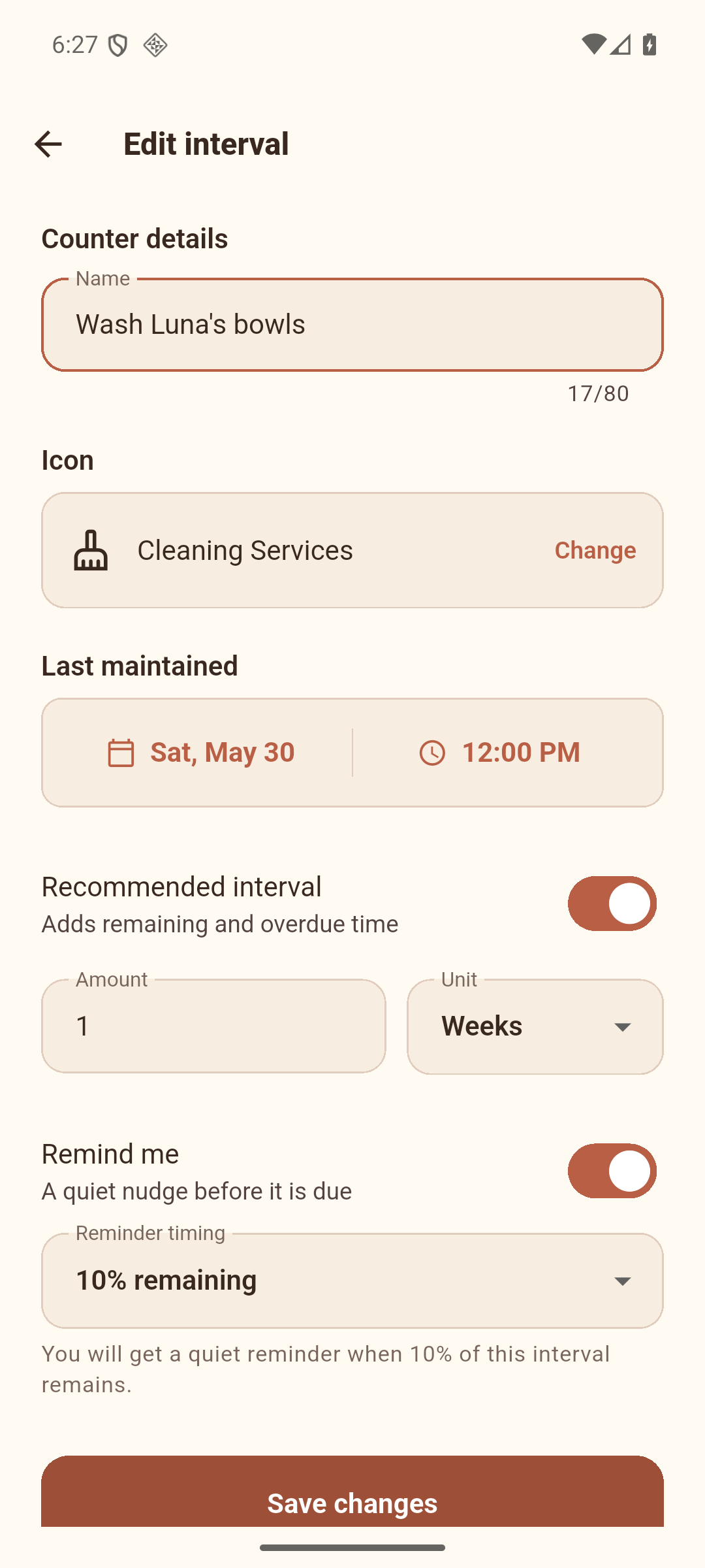 Maintenance Android app in the Pet Care theme editing a weekly Wash Luna's bowls routine