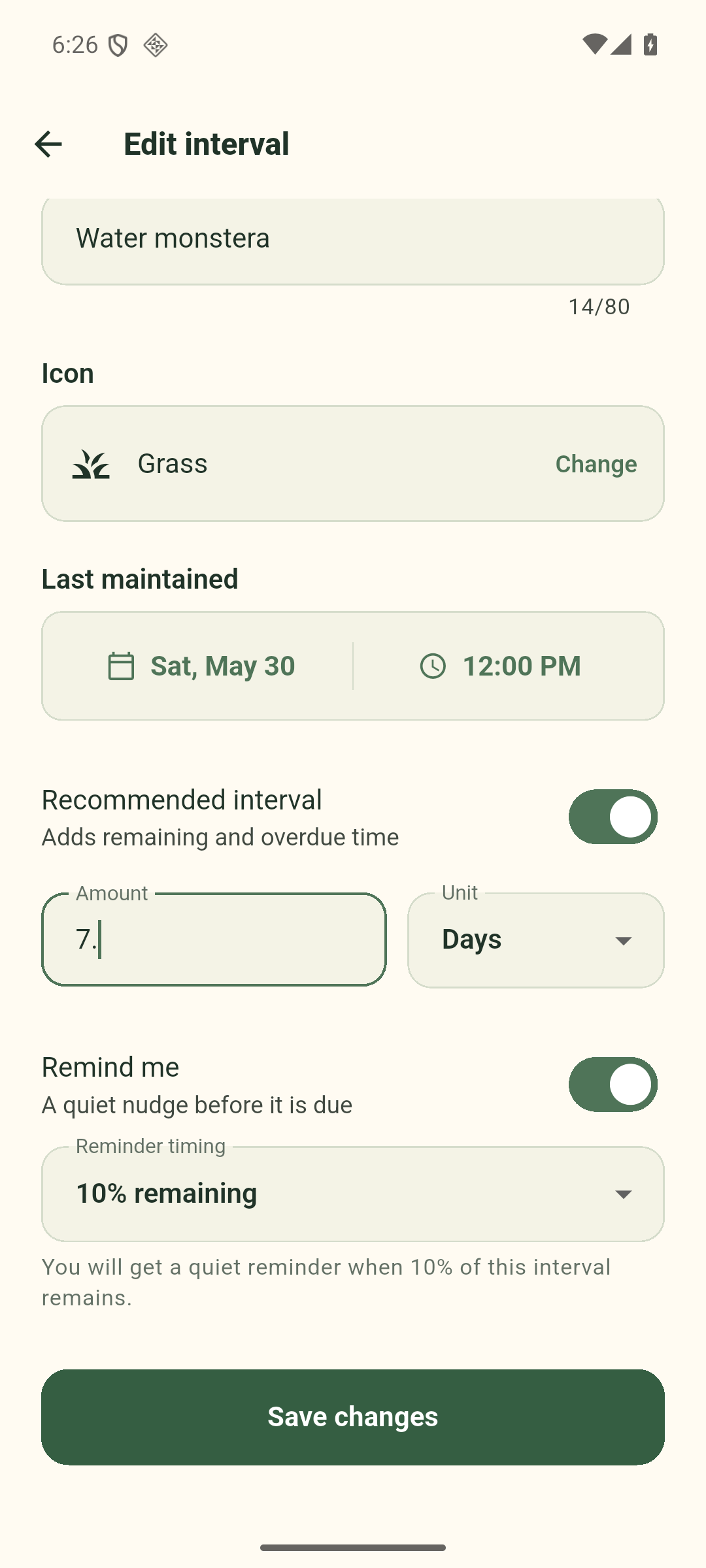 Maintenance Android app in the Plant Care theme editing a weekly Water monstera routine
